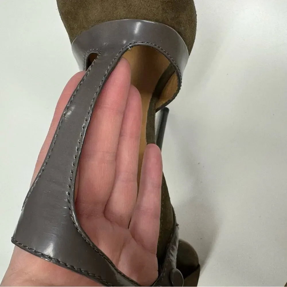 L.A.M.B. Olive Green & Grey Leather Contrast Stiletto Heels Womens 6 Y2K Suede